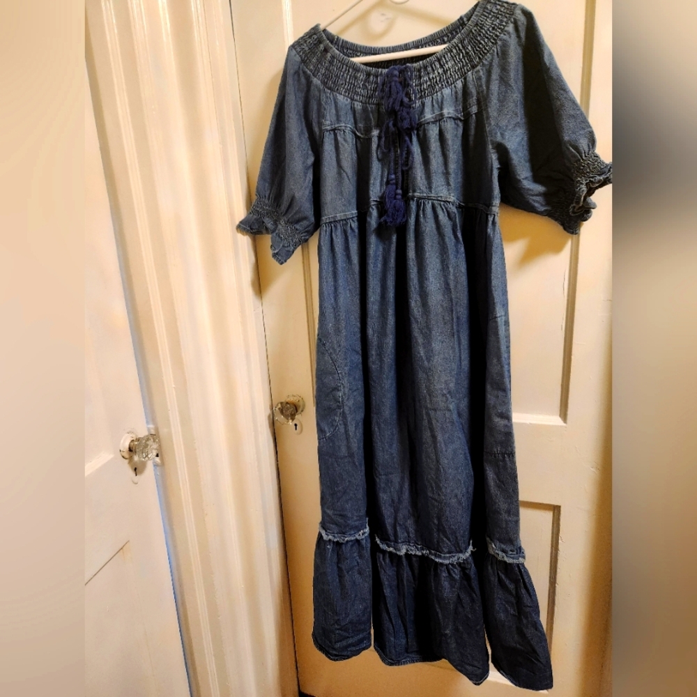 "Free People" Indigo Smocked Denim Dress with pockets